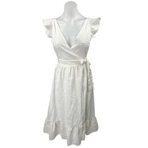 NEW Hello Molly White Ruffle Short Sleeve Embroidered V-Neck Midi Wrap Dress 4